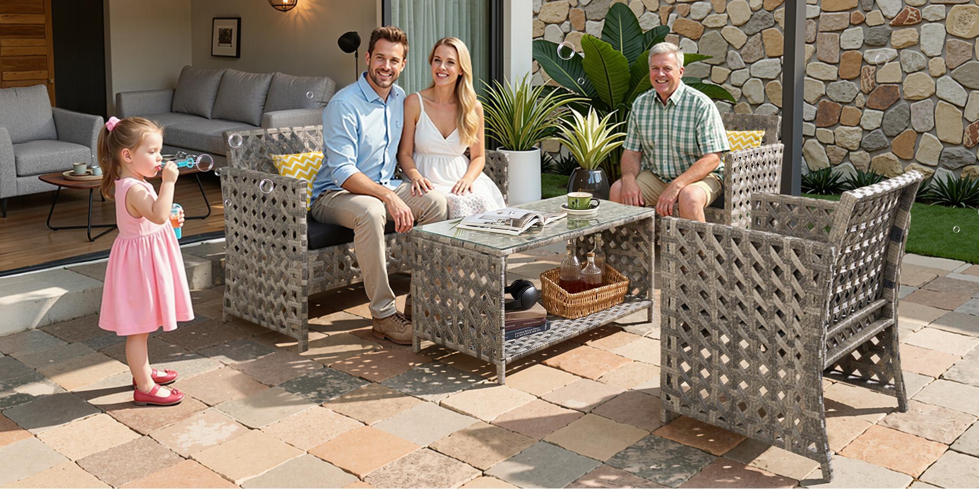 4-Piece Patio Conversation Sofa Set–Outdoor Sectional Wicker Furniture with Coffee Table, Perfect for Garden,Yard, Pool, High Backrest&Thicker Cushion, All-Weather Waterproof, Affordable Loveseat