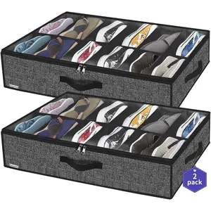 Sturdy Under Bed Shoe Storage Organizer, Set of 2, Fits 12 to 24 Pairs, Underbed Shoes Closet Storage Solution with Clear Window, Breathable, L29.3 x W23.6 x H5.9, Linen-like Black, MXAUBSB2P