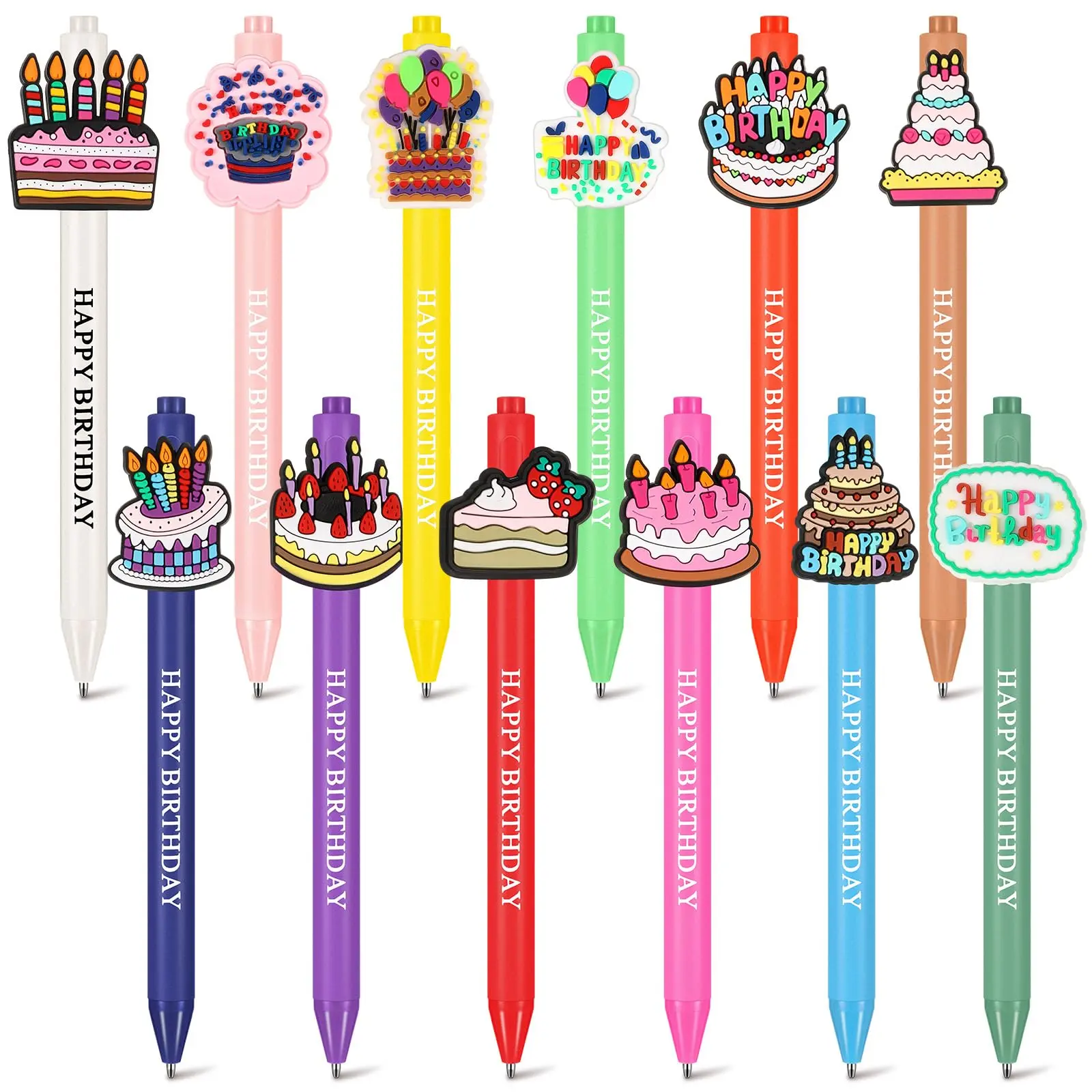 Gejoy 24 Pcs Birthday Pens Classroom Birthday Party Supplies Cartoon Birthday Cake Ballpoint Pen Retractable Black Ink Birthday Party Gifts for Kids Students Office Supplies School Stationery