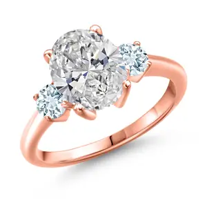 Gem Stone King 2.50 cttw IGI Certified Lab Grown Diamond and Sky Blue Aquamarine 3-Stone Engagement Ring For Women | 18K Rose Gold Plated Silver | Center 2.00 Ct Diamond | D-E Color | VS1-VS2 Clarity