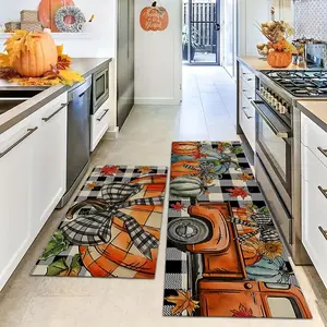 Thanksgiving Kitchen Mats Set of 2, Autumn Decor Pumpkin Carriage Non-Slip Washable Rugs, Seasonal Holiday Home Decoration