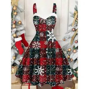 Women's Christmas Snowflake Plaid Patchwork Print Dress