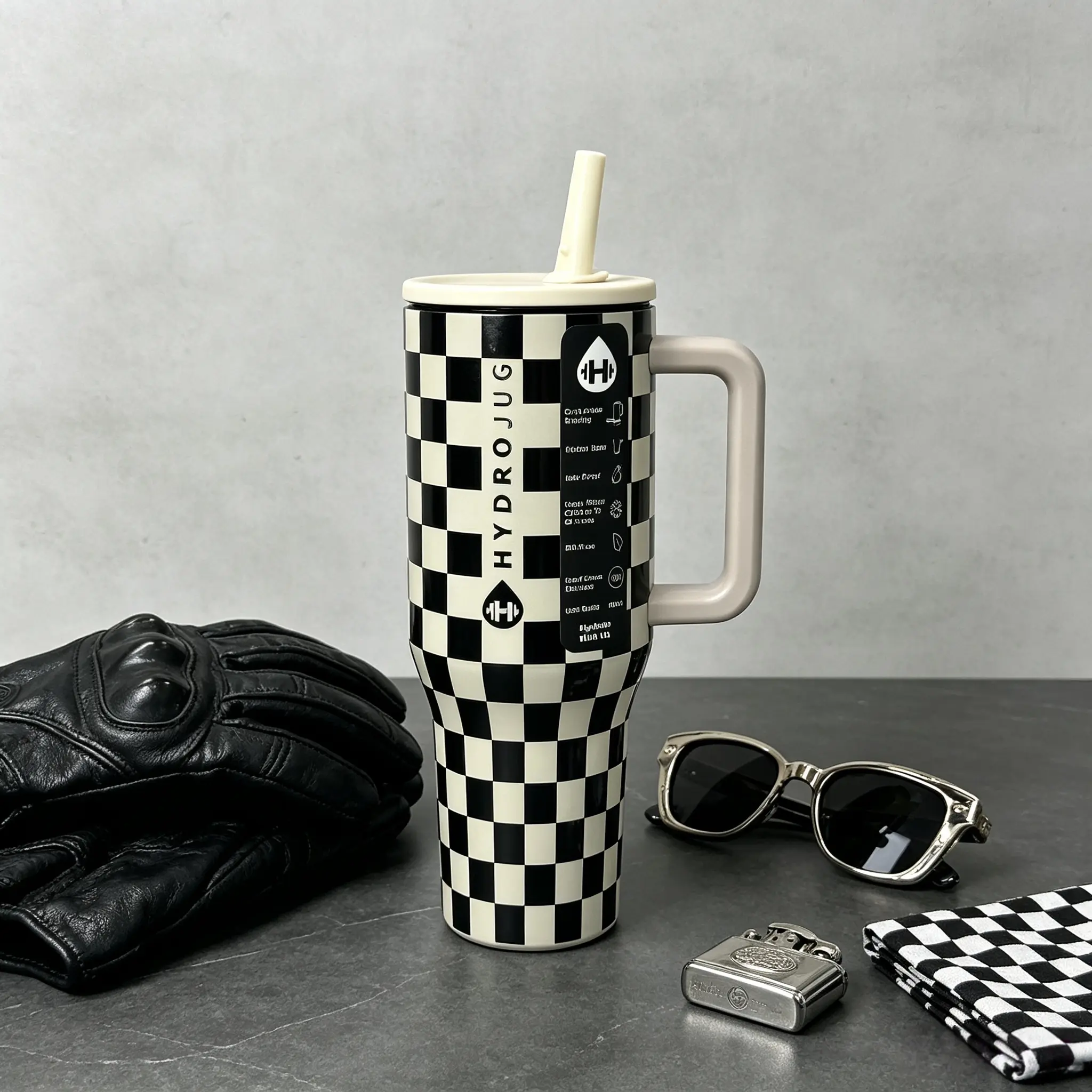 HydroJug 40oz Stylish Black White Checkered Stainless Steel Tumbler - Handle, Straw Lid, 24-Hour Insulated, Leakproof Reusable Travel Cup for Sports, Gym Use