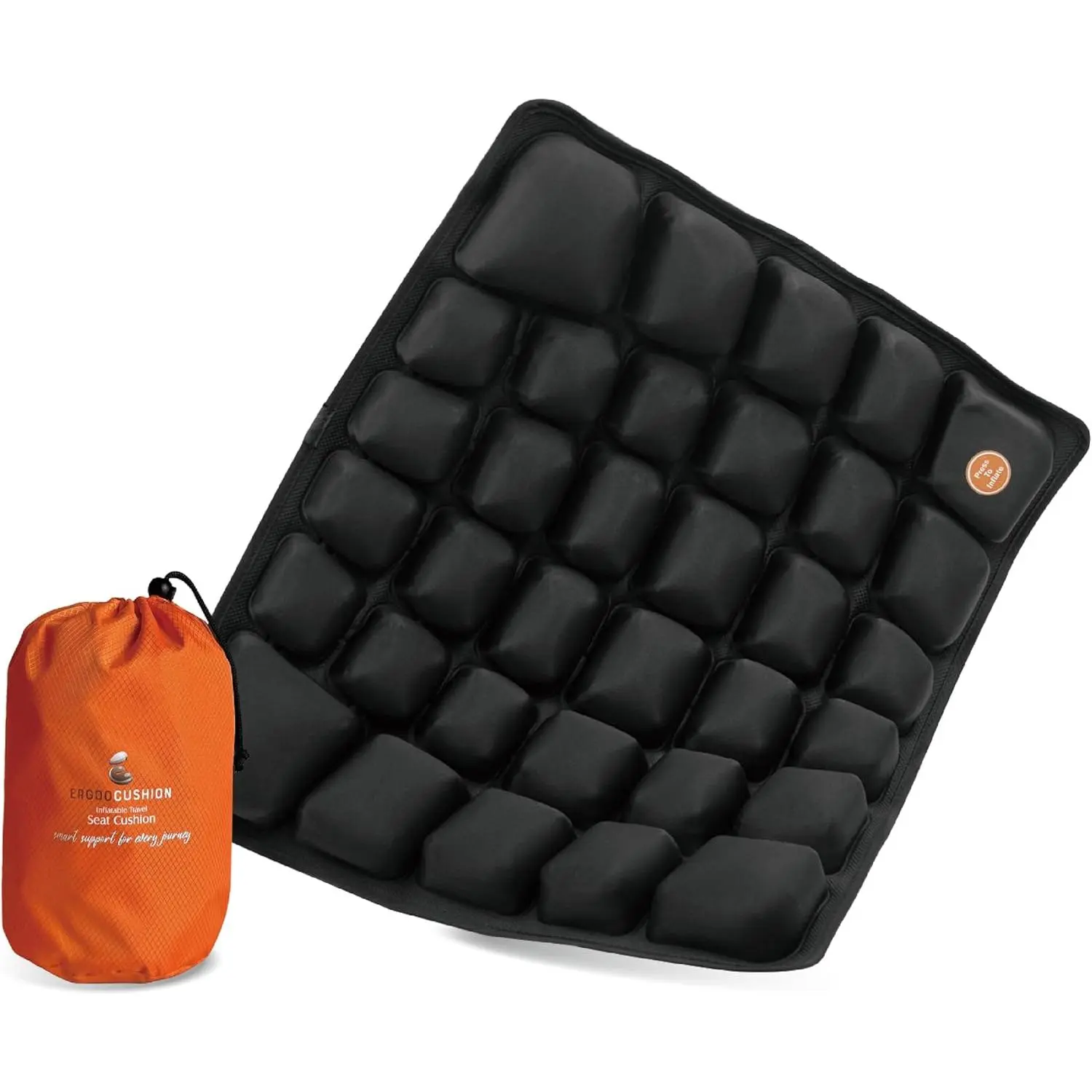 Inflatable Car Seat Cushion for Travelers, Compact Road Trips & Long Flights Accessory with Built-in Pump, Adjustable Firmness, Tailbone & Back Pain Support, Included Carry Bag