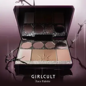 GIRLCULT Brown-Purple Eyeshadow Blush Contour All-In-One Palette, featuring purple glitter, matte black-brown eyeshadow, brown contour and pink-silver fine shimmer highlight, Radiant, Beauty Cosmetics
