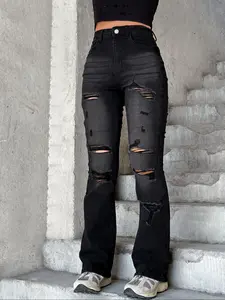 Women's  Ripped Distressed Dark Wash Skinny Stretchy Jeans, Fashion Casual Denim Trousers for Daily Outdoor Wear, Ladies Bottoms for All Seasons