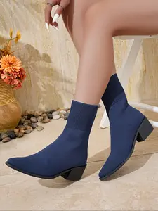 Women's Fall Winter Fashion Boots, British Style Square Toe Chunky Heel Textile Short Boot, Side Zipper Elegant Casual Outdoor Shoes