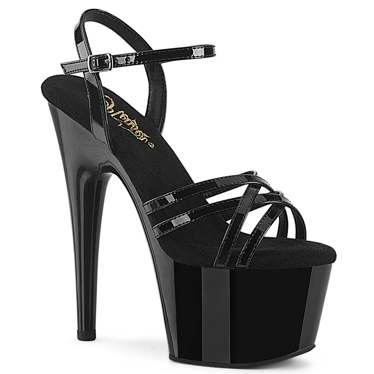 Women's Heeled Sandals in Jet Black Patent, 7-Inch High Heel Platform with Double Criss-Cross Ankle Strap for Formal Events, Heeled Sandals Jet Black Women's, Strap Platform Women's Heeled Sandals