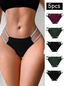 Women's Low Waist Shiny Belted Panties Set, Sexy Fitted Plain Style, Soft Comfortable Breathable Quick-Dry Everyday Underwear, 5-Pack, Womenswear
