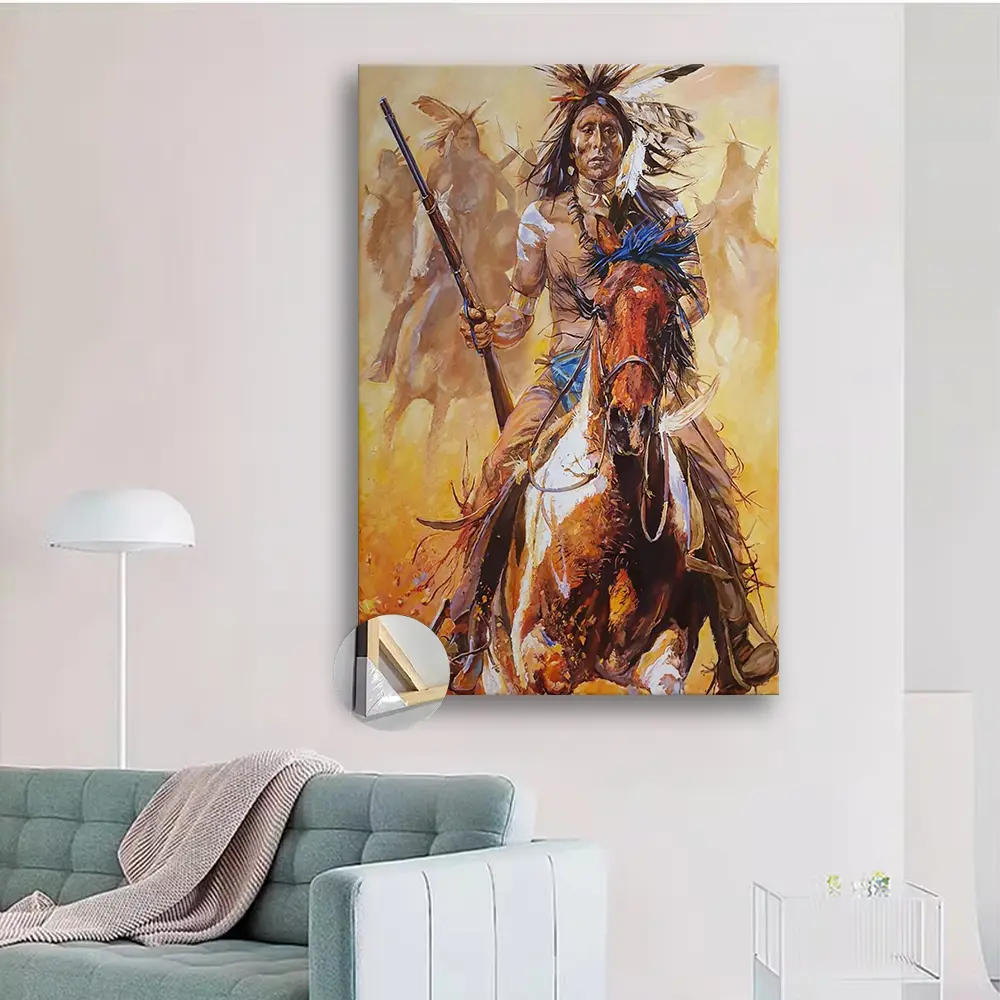 1pc Wooden Framed Native Americans Riding Horses with Guns Art  poster for Living Room, Bedroom, Kitchen, and Office Decor