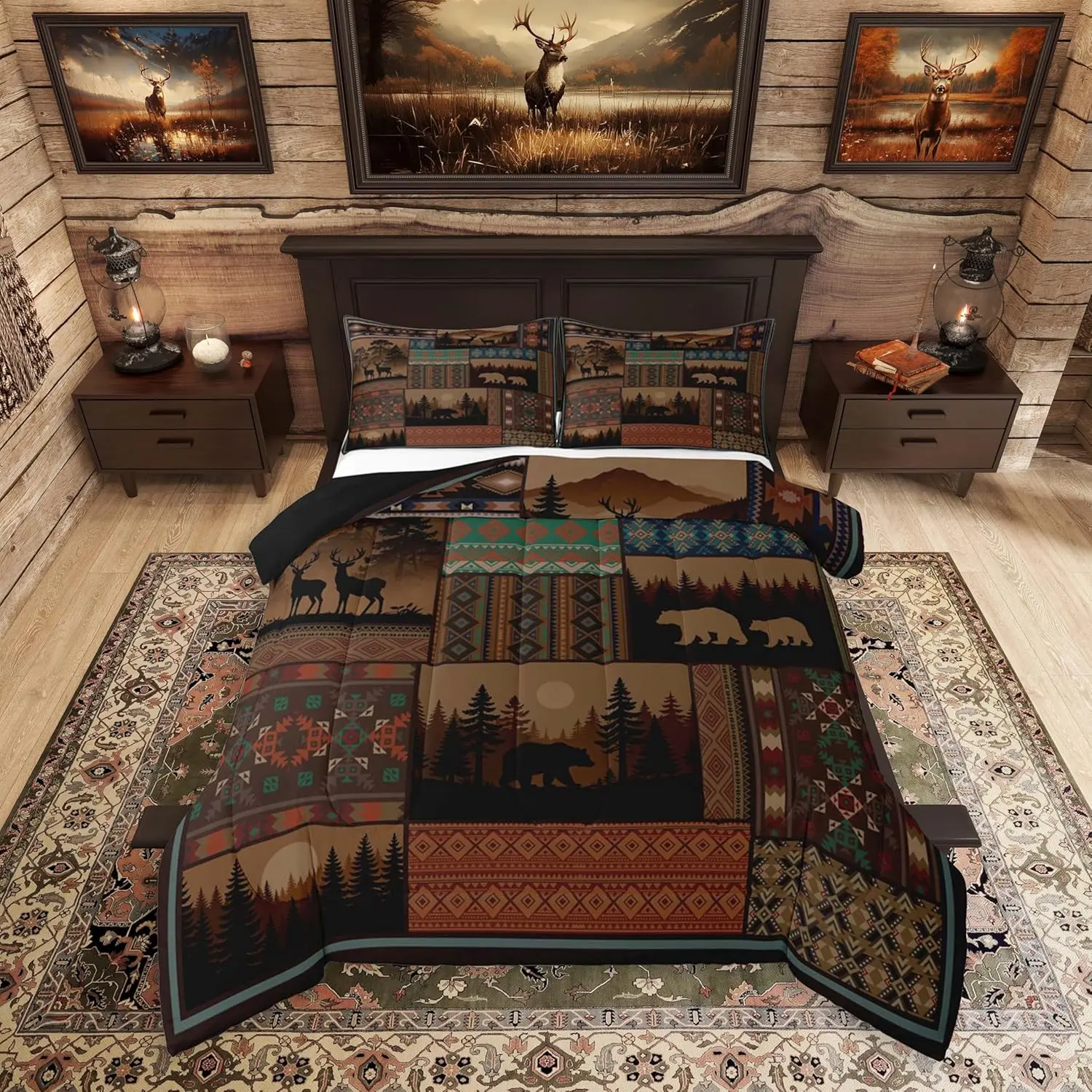 Cabin Bear Comforter Set Rustic Western Aztec Bedding Set Boho Vintage Country Duvet Quilt Bedroom Lodge Woodland Deer Decor Burnt Orange Microfiber Ultra Soft