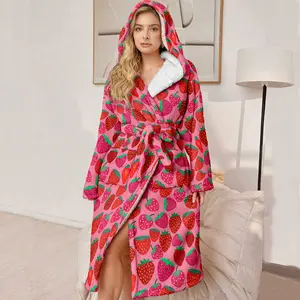 Plus Size Women's Hooded Luxury Bathrobe, Ultra Comfortable Plush Robe with Belt and Pockets, Strawberry Pattern, Winter Gift for Mom and Wife
