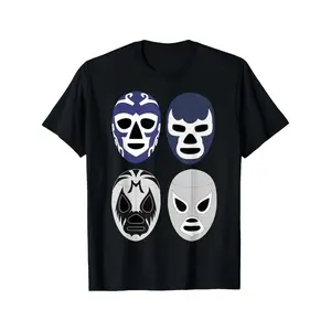 [100% Cotton Lucha Libre Tee] Lucha Libre Wrestler Applique T-Shirt, 100% Cotton, Crew Neck, Slight Stretch, Geometric-Pattern, Knit Fabric, Regular Fit, for Casual, Running, Training, Hiking, Adult & Teen Wear, All Seasons