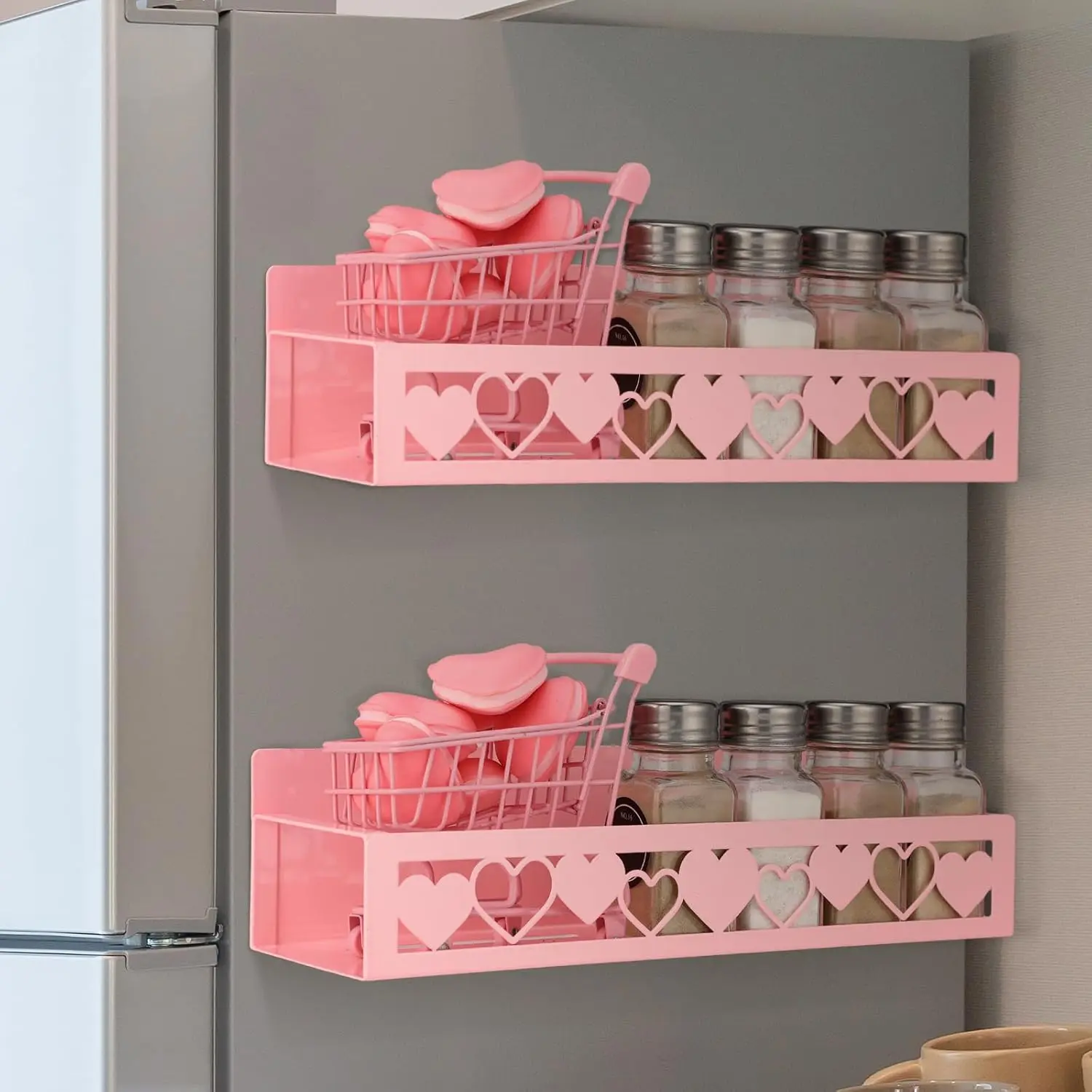 Sturdy 2-Pack Heart Magnetic Spice Rack, Metal Magnet Basket Shelf for Refrigerator Seasoning Storage, Pink Kitchen Organizer Home Decor Accessory