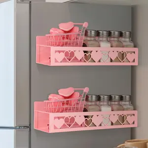 2 Pack Heart Magnetic Spice Rack for Refrigerator Metal Magnet Basket Shelf for Fridge Seasoning Storage Organizers Home Decor Kitchen Accessories (Pink)