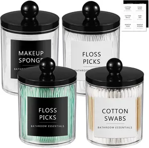 4 Pack Acrylic Holder Dispenser,Bathroom Jars with Lid Set for Cotton Swabs,Balls,Pads,Floss,Clear Plastic Canisters Apothecary Jar,Bathroom Essential Makeup Vanity Organizer(10oz-12oz)