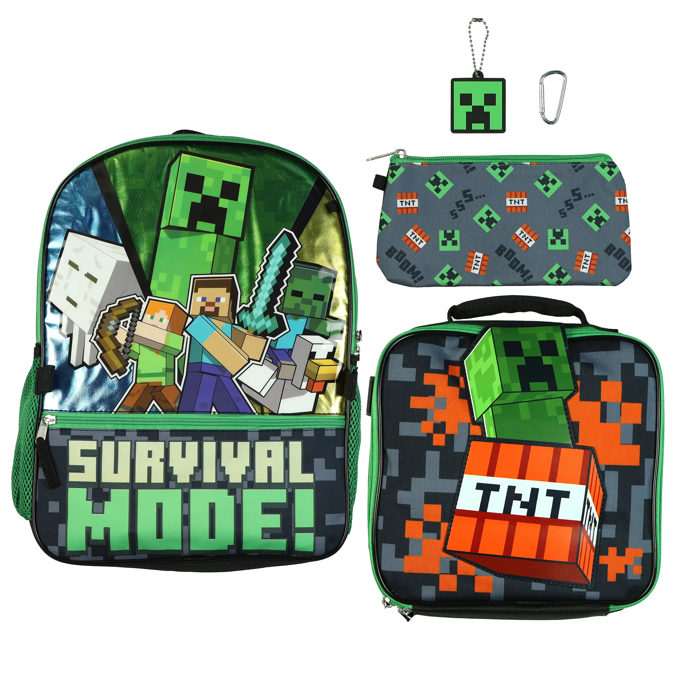 Minecraft Survival Mode Backpack 16" 5 Piece Set Lunchbox Kids Book Bag