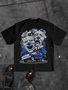 Chicano Hip Hop Street Style Loose Fit T-Shirt, Laugh Then Cry Clown Mask Jump Car Rose Print, Unisex Casual Short Sleeve Tee, Streetwear, Menswear