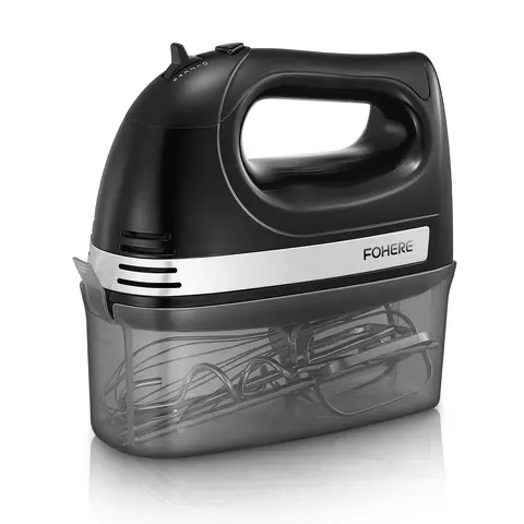 FOHERE Handheld Egg Beater - 5-Speed Electric Hand Mixer with Compact Grip, Turbo Function, 6 Stainless Steel Kitchen Accessories, Dishwasher-Safe Storage Box, 30s Quick Stir for Baking Cakes, Mayonnaise, Jam, Elderly-Friendly Kitchen Utensil