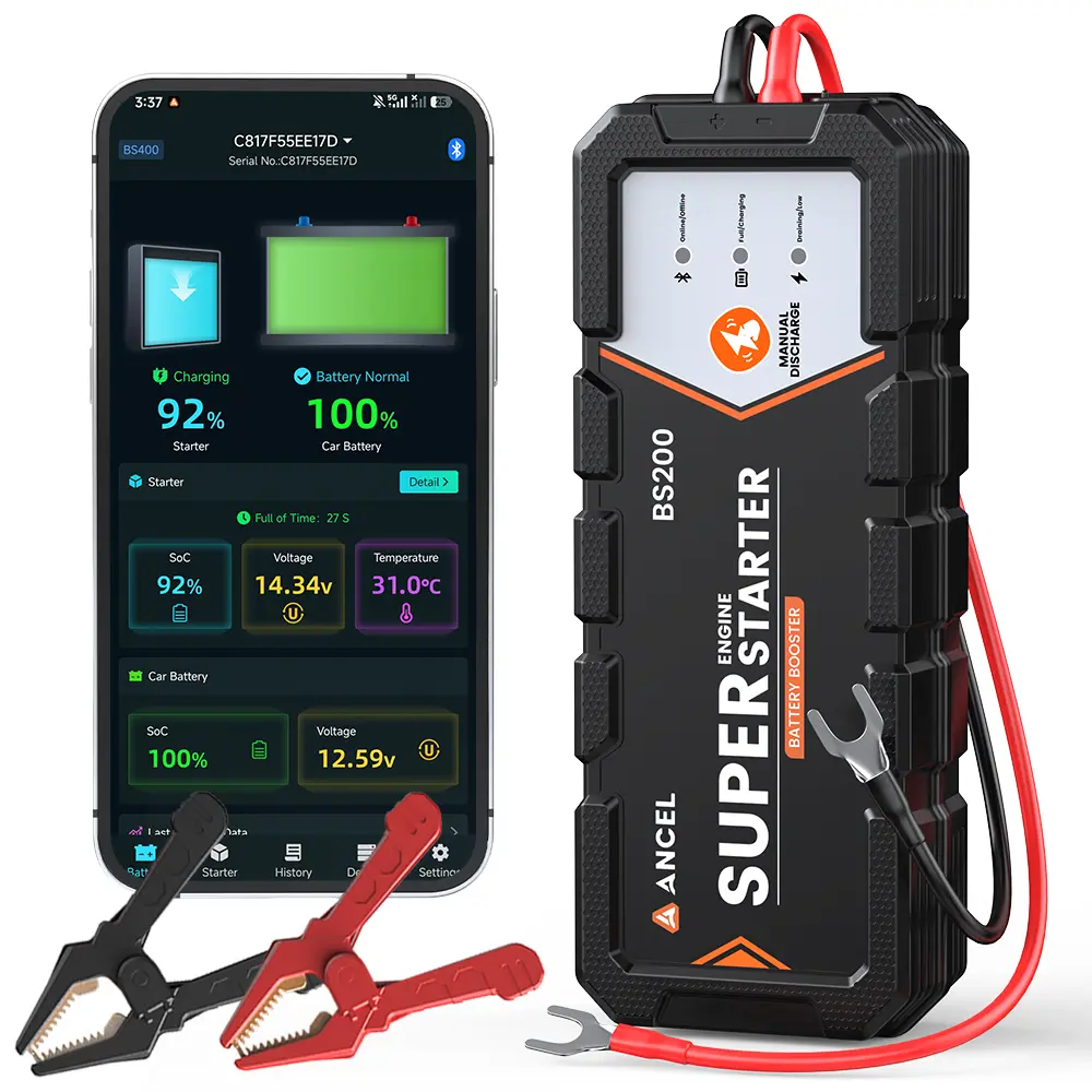 ANCEL BS200 Permanent Super Capacitor Jump Starter - 12V SUV Car Power Bank Jumper, Powerbank Jumper, App Battery Check, 67.5% Startup Help, Quiet Camping Car Repair Tool