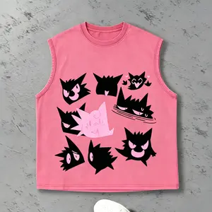 Vintage Washed Gengar Faces Sleeveless Tank Top, Pink & Black Ghost Type Graphic Casual Streetwear Tee Y2K Aesthetic Gengar Faces Sleeveless T-Shirt, Retro Washed Brown Graphic Casual Streetwear Shirt