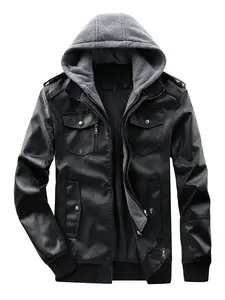 New hooded men's synthetic leather motorcycle jacket, second-hand bicycle rider bomber military jacket, leather jacket, leather jacket, leather jacket