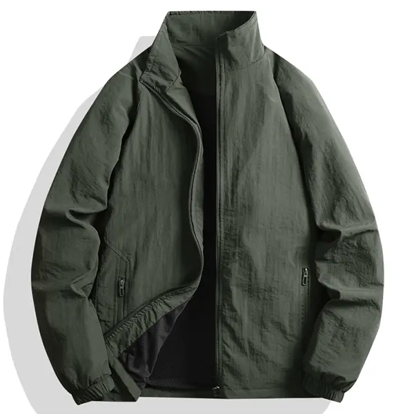 Men's Olive Green Plain Menswear Coat - Stand Collar, Lightweight, Breathable Tops for Spring Trends & Casual Wear, Coats, Stylish, Long Sleeve, Fabric, Fitted, Woven