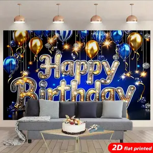 Happy Birthday Tapestry Wall Hanging, Blue Gold Balloon Light Up Letter Design, 2D Flat Printed Backdrop for Birthday Party Decor, Photo Booth, Home Living Room Bedroom, Birthday Gift for Her Him, Star, Banners day proposal