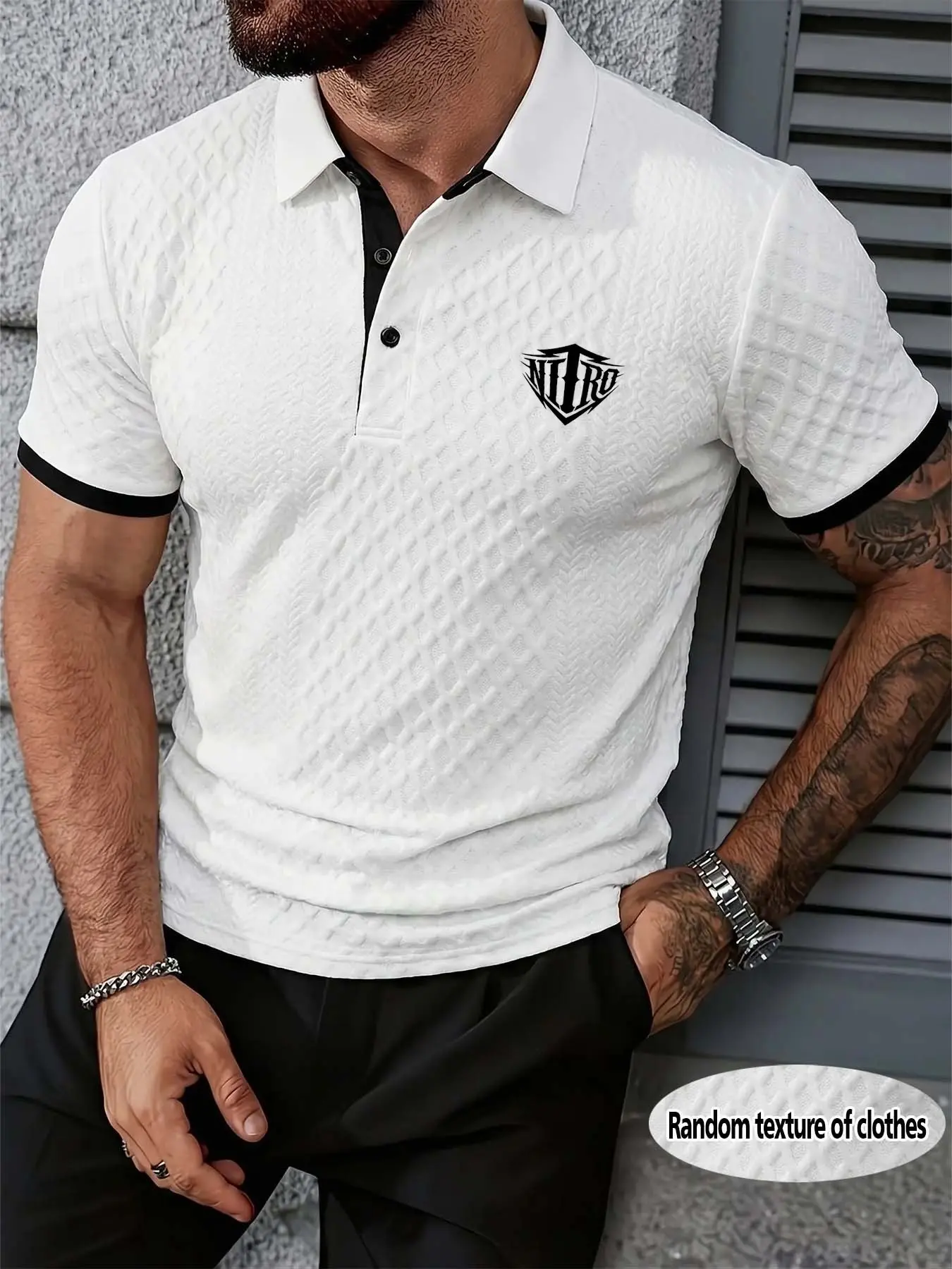 Men's Summer Printed Textured Polo Shirt, Argyle Pattern, Slim-Fit Casual Knitted Short Sleeve, Business Style, Versatile Outerwear, Menswear, Summer Polo Shirts