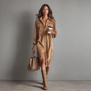 2025 Fall Winter Corduroy Shirt Dress|  Women's Elegant Long Sleeve Collared Workwear Midi Dress, Classic Collared Corduroy Dress|  Women's Long Sleeve Elegant Casual Midi Shirt Dress, Retro Workwear, Office Commuter Wear