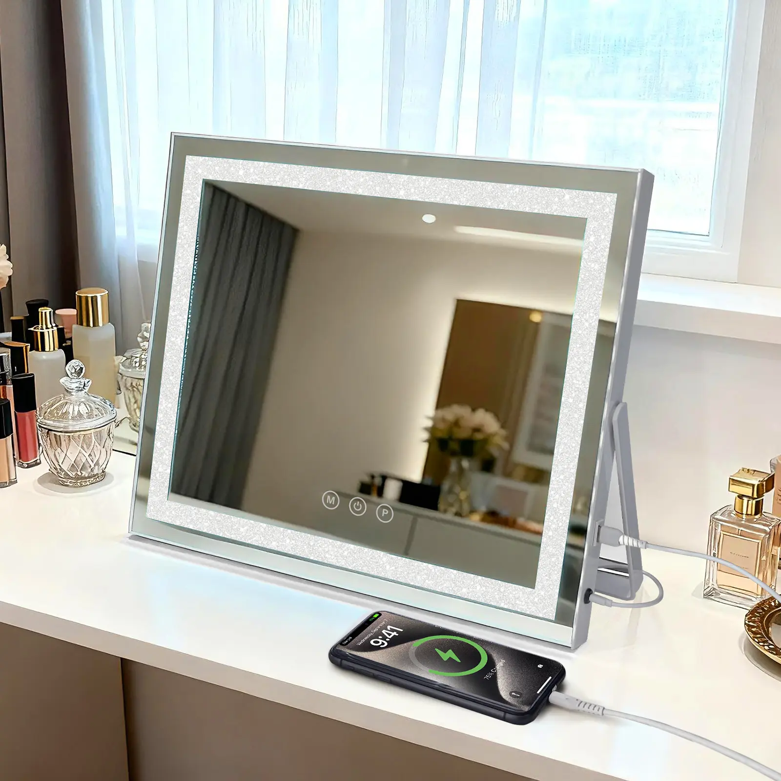 Glitter Crushed Diamond Frame LED Vanity Makeup Mirror with 3 Color Lights, 50x40cm,  Stepless Dimmable, USB Charging Port, Detachable 5X Magnifier, Tabletop & Wall Mount Lighted, adapter is not included