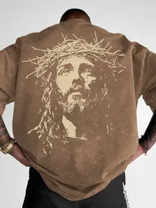 Men's Cross & Jesus Graphic Print Washed T-Shirt, Casual Streetwear Short Sleeve Tee, Digital Print Menswear #JesusTee #CrossPrintTShirt #WashedStreetwear #ChristianStyleTee #TikTokMadeMeBuyIt