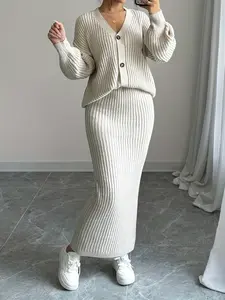 Women's Elegant 2 Piece Knit Set with V-Neck Cardigan & Bodycon Maxi Skirt Soft Ribbed Fabric Outfits for Fall & Daily Wear Chic Casual Matching Suit