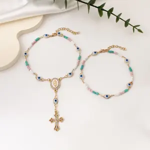 Evil Eye Bracelet, Suitable for Women and Girls, Mexican Blue Devil Third Eye Beaded Pendant Bracelet with Gold Accents Cute Aesthetic Protection Against Evil