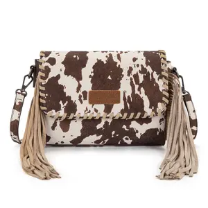 Wrangler Flap Crossbody Bags for Women Western Cow Print Shoulder Hangbag with Fringe Design