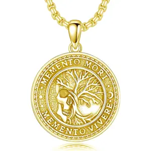 Memento Necklace for Men 925 Sterling Silver Memento Vivere Pendant Necklace Gothic Skull Pendant Amulet Jewelry -Gold