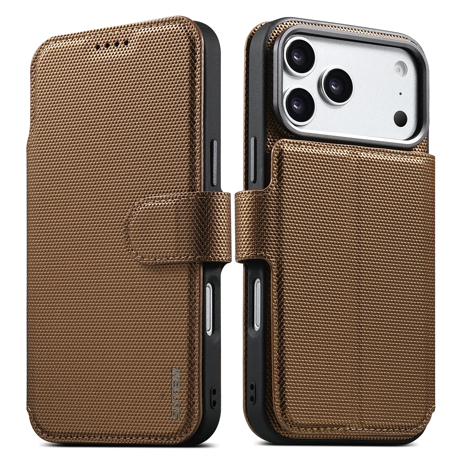 2-IN-1 Magnetic Detachable Leather Wallet Phone Case for iPhone 17/17 Pro Max/16/15/14, Triangle Texture Flip Cover with MagSafe Wireless Charging, Card & Cash Holder, Adjustable Kickstand, Shockproof Accessory (Black, Gray, Gold)