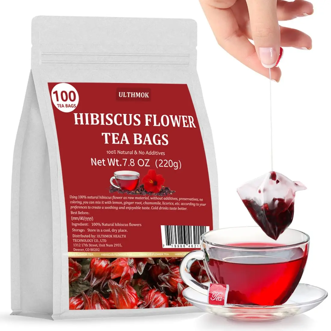 100Bags Hibiscus Tea Bags Dried Hibiscus Flower Natural & No Additives & Caffeine Free