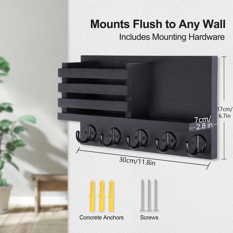 Wooden Wall Mounted Key Rack with 5 Metal Hooks, Decorative Mail Holder, Includes Installation Hardware, Ideal for Coats, Umbrellas, Bags, Storage Hooks