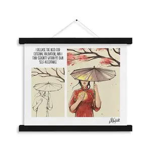 Sketch, Drawing, Woman Umbrella Asian Theme Watercolor, Framed canvas landscape hanging wall art,Office decor, Home Decor, Calming, Thoughtful,Gift Idea,Housewarming,Wall-mounted