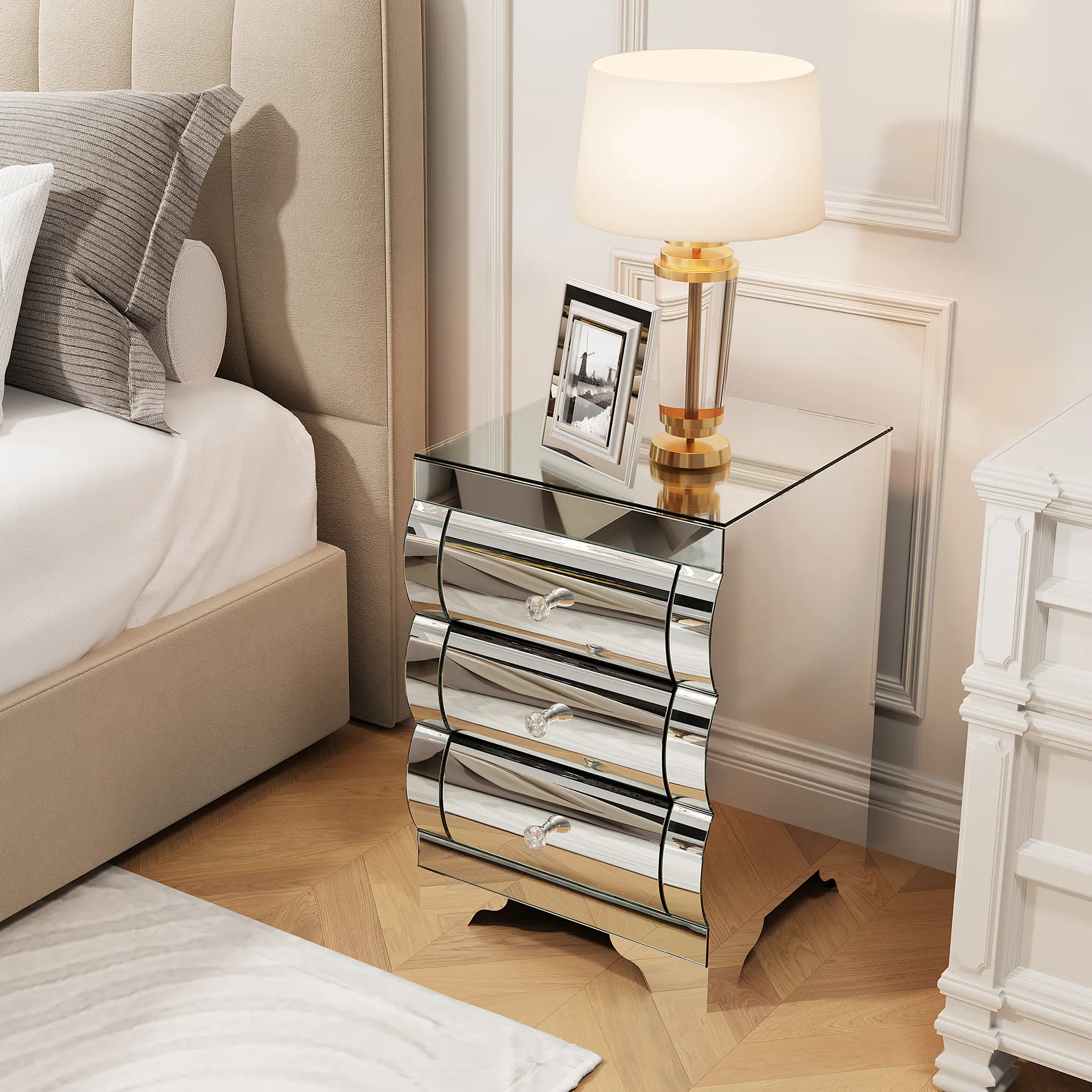 Curved Mirrored 3-Drawer Nightstand,Silver Mirror Finish, Luxury Glass Bedside Cabinet, Storage End Table for Bedroom & Living Room Small Spaces