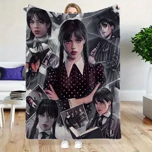 Wednesday Adam's Style Flannel Blanket - Soft, Comfortable, All-Season Comfort, Suitable for Sofa, Bed, Office, Camping, and Travel - Charming Anime Pattern, Perfect Gift Idea
