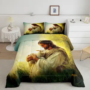 Bible Verses Christian Bedding Sets,White Sheep Comforter Set Adult Room Decor,Bible Verses Theme Quilt Comforter Retro Art Duvet Insert