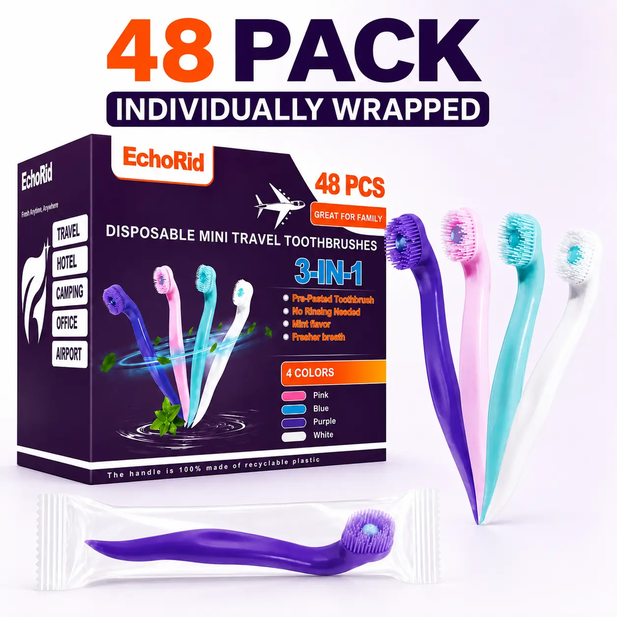 48-Pack Individually Wrapped Pre-Pasted Disposable Soft Toothbrushes, 3-in-1 Waterless Design with Built-In Pick, Mint Freshness, Open-and-Brush for Travel, Camping & Daily Use Compact Oral