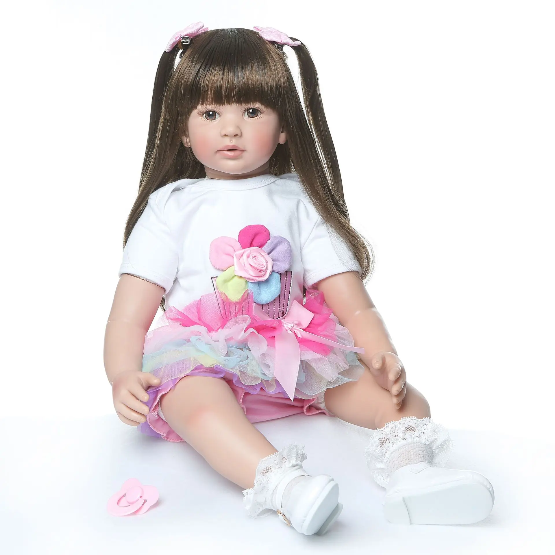 Reborn Baby Doll 22 Inch Realistic Long Haired Girl Handmade Lifelike Can Sit Stand For Collection Birthday Christmas Gift Comes with Clothes Toy Accessories For Children Over 3 Years Old Gift Box Packaging