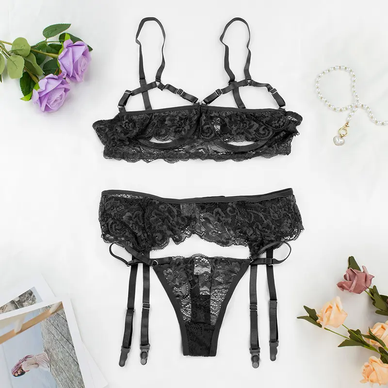 Floral Lace Black Lingerie, Open Cup Bra + Suspender Belt + Thong,pyjamas for women,silk pijama,house dress,lace bra,pyjama set,tops,plus size clothes,two piece set  altgirl rave outfit lenceria sexi mujer Matching Aesthetic