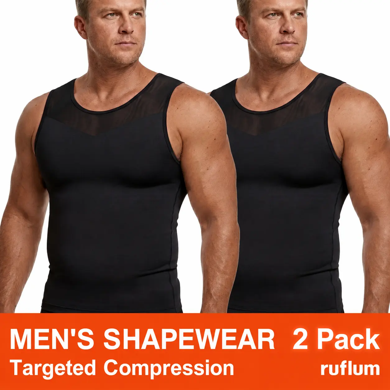【ruflum】 Men's 2-Pack Compression Shapewear Tank Top, Seamless Undershirt with Tummy Support, Man Boob Elimination, X-Shape Back Posture Correction, Breathable Mesh Fabric, Mensfashion for Business, Sports