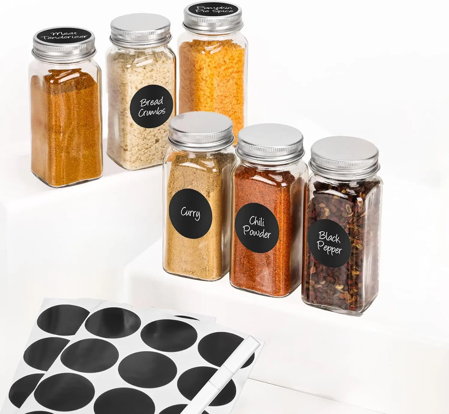 6Pack Spice Jars with Label, 4oz Empty Square Seasoning Containers | Shaker Lids, DIY Labels| Seasoning, Herbs, Spices Storage| Spice Rack, Cabinet, Drawer | Space-saving, Keep Neat