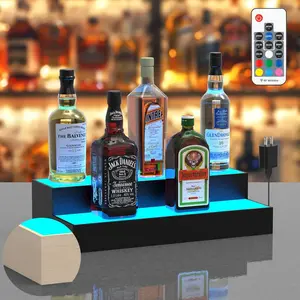 upcessory Wood Lighted Liquor Bottle Display Shelf, 2 Tier 16 Inch LED Alcohol Whiskey Rack Stand Tray for Home Bar Living Room Accessories and Decor, Bourbon Shelf for 8 Bottles