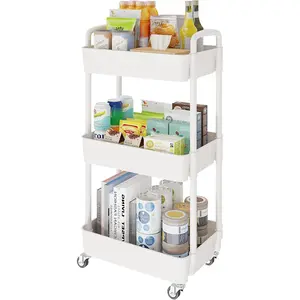 3-Tier Rolling Cart with Wheels,Multifunction Utility Storage carts, Kitchen Storage Organizer,Mobile Shelving Unit for Bathroom,Laundry,with Classified Stickers,White